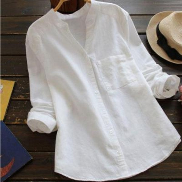 Mallory | Women's Linen V-Neck Shirt with Chest Pocket - White
