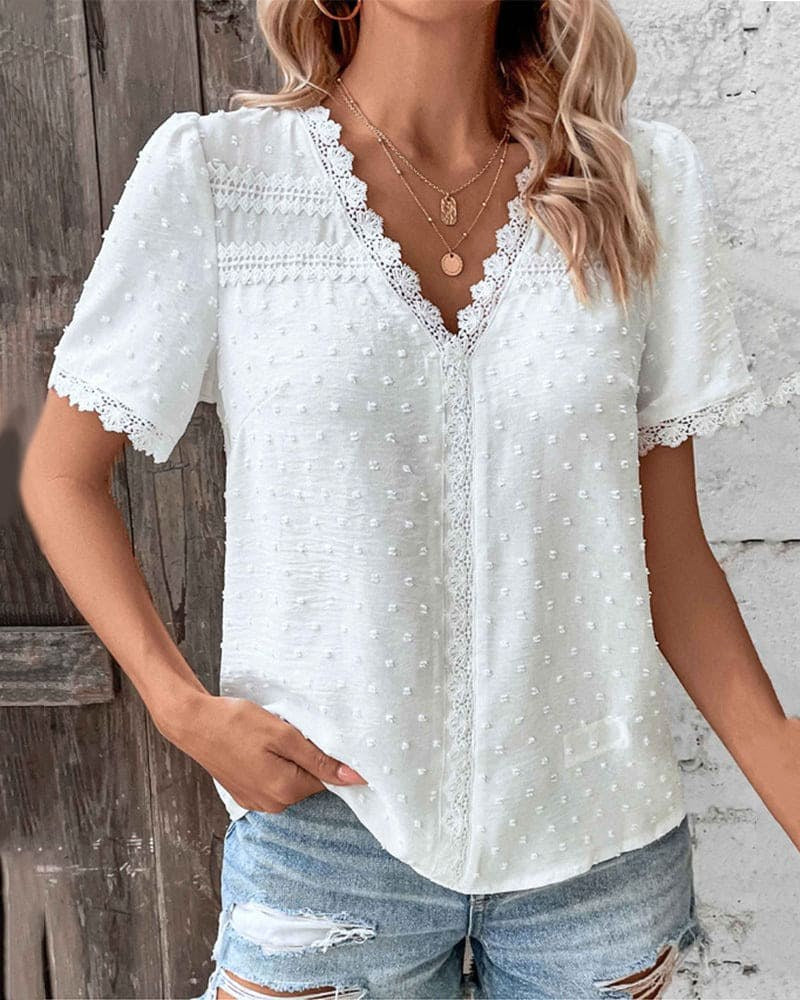 Mallory | Women's Swiss Dot V-Neck Boho Blouse - image 2