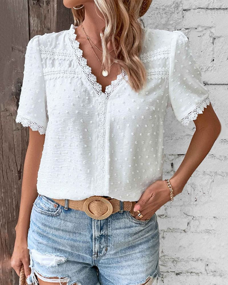 Mallory | Women's Swiss Dot V-Neck Boho Blouse - image 4