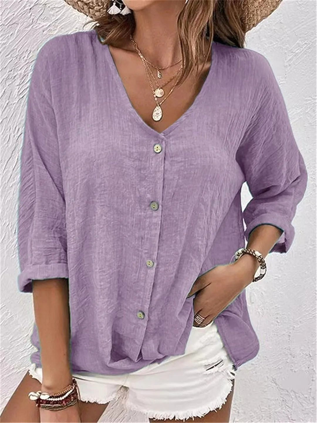 Mallory | Women's V-Neck Button-Front Blouse Top - image 7