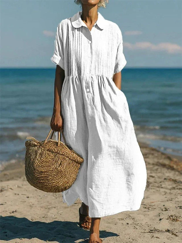 Mandy | Women's Collared Button Front Midi Dress - White