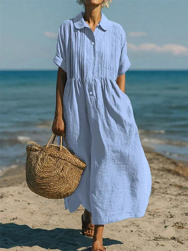 Mandy | Women's Collared Button Front Midi Dress - Light Blue