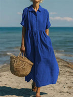 Mandy | Women's Collared Button Front Midi Dress - Blue