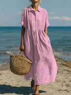 Mandy | Women's Collared Button Front Midi Dress - Pink