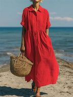 Mandy | Women's Collared Button Front Midi Dress - Red