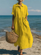 Mandy | Women's Collared Button Front Midi Dress - Yellow