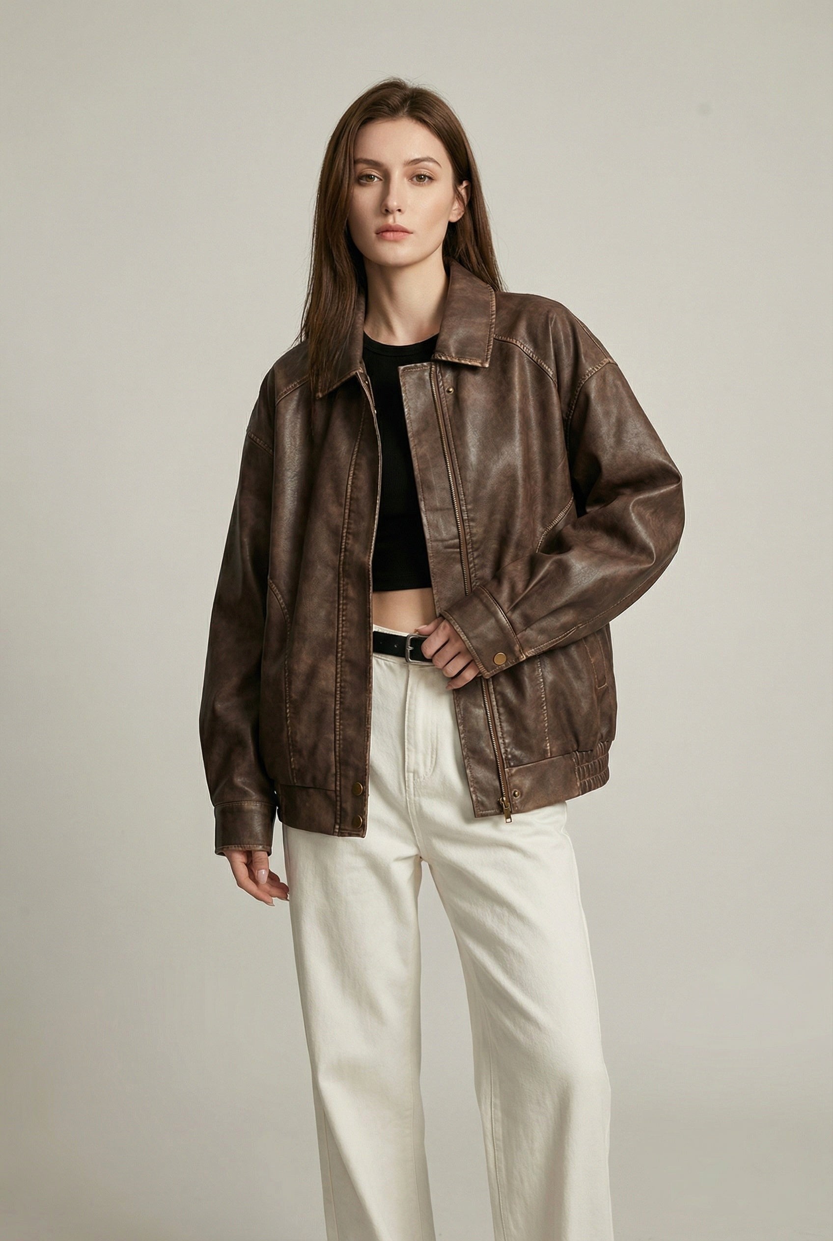 Margaux | Women's Oversized Faux Leather Jacket, Vintage Brown Outerwear | Animated Apparel