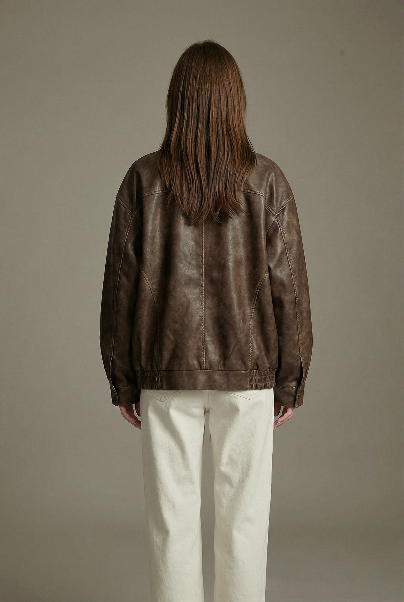 Margaux | Women's Oversized Faux Leather Jacket, Vintage Brown Outerwear | Animated Apparel