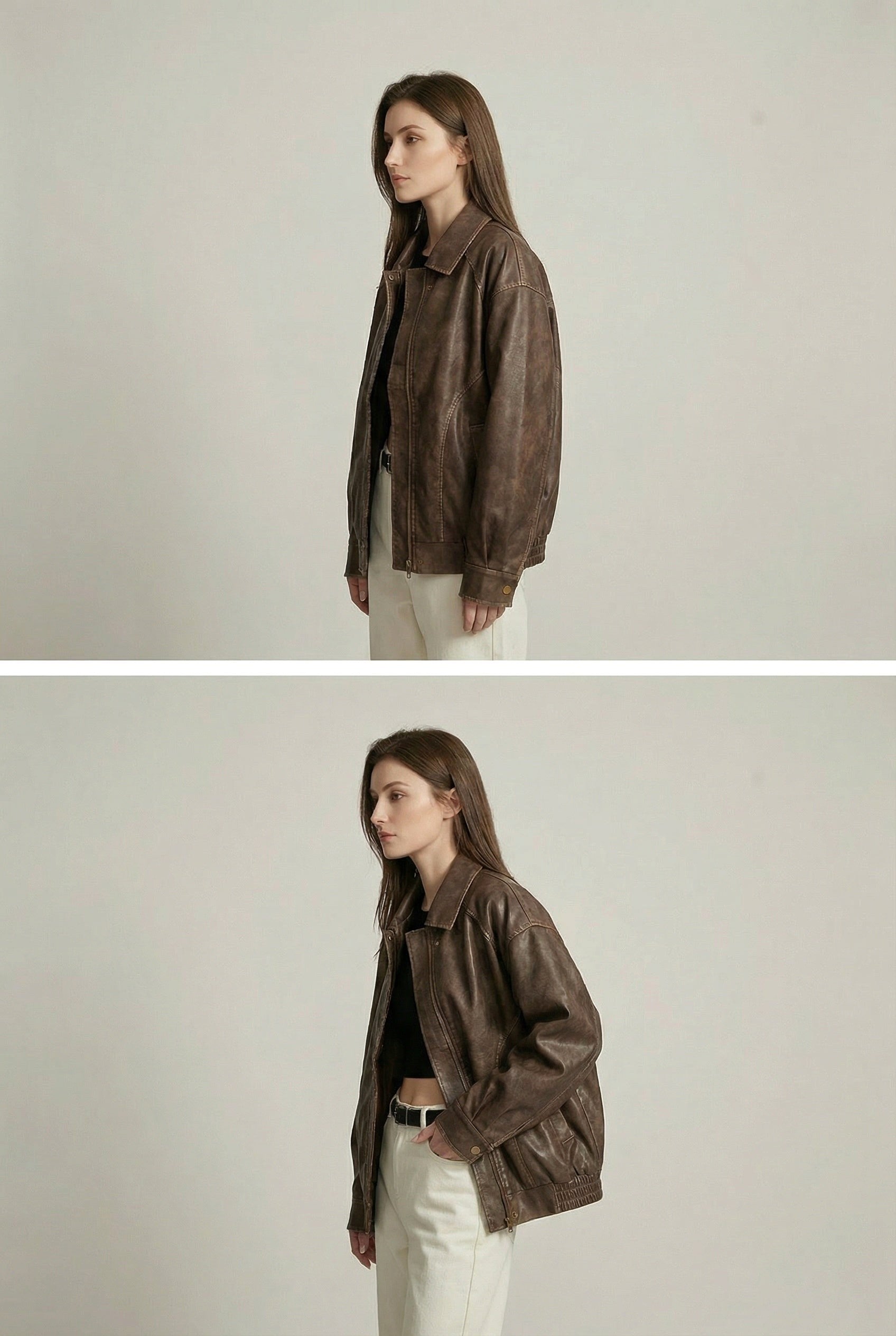 Margaux | Women's Oversized Faux Leather Jacket, Vintage Brown Outerwear | Animated Apparel