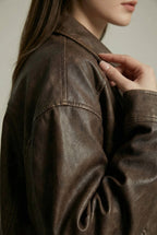 Margaux | Women's Oversized Faux Leather Jacket, Vintage Brown Outerwear | Animated Apparel