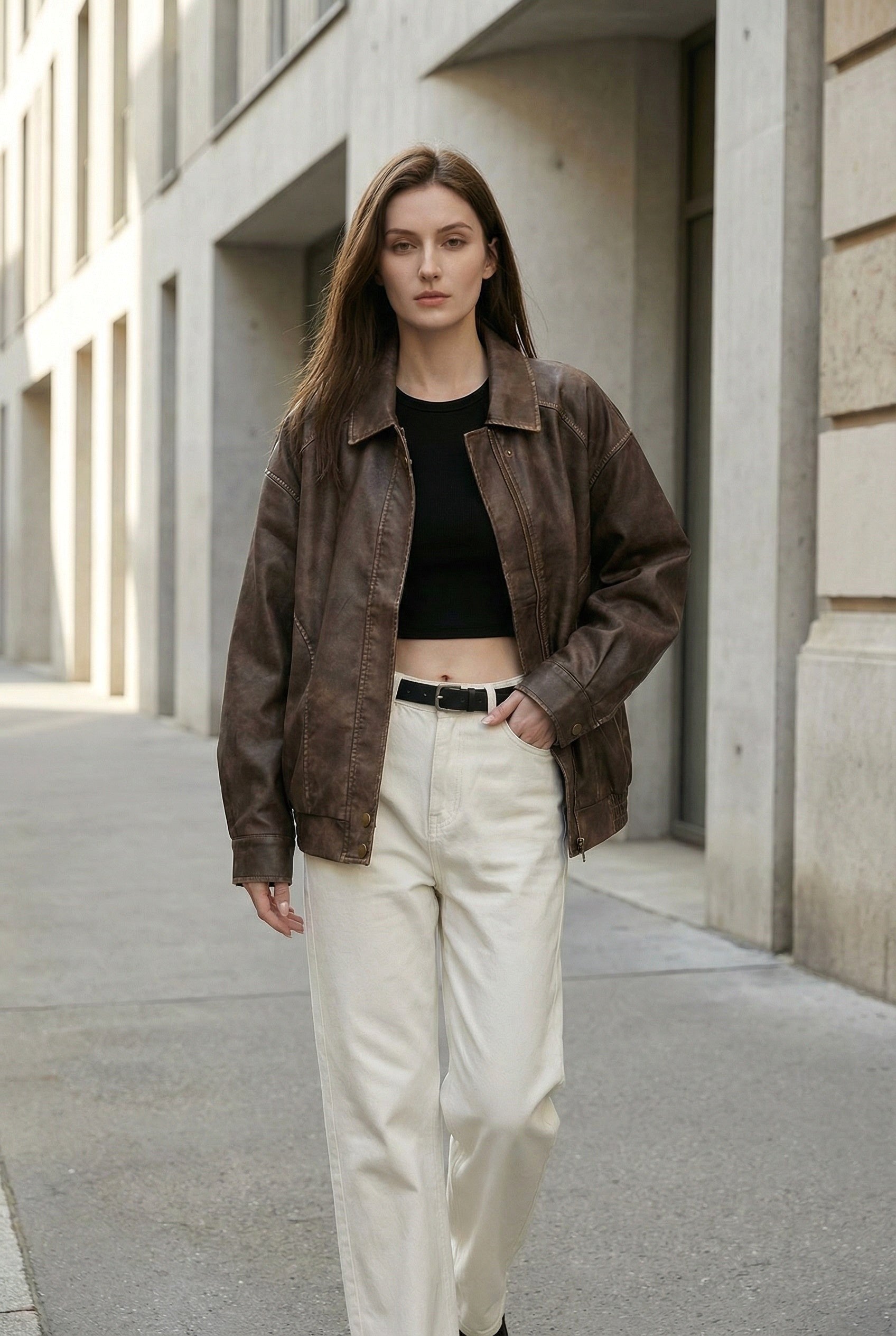 Margaux | Women's Oversized Faux Leather Jacket, Vintage Brown Outerwear | Animated Apparel