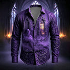Mason | Men's Gothic Print Button-Up Shirt, Halloween Statement Shirt | Animated Apparel | Purple