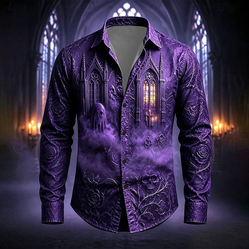 Mason | Men's Gothic Print Button-Up Shirt, Halloween Statement Shirt | Animated Apparel | Purple