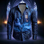 Mason | Men's Gothic Print Button-Up Shirt, Halloween Statement Shirt | Animated Apparel | Dark Blue