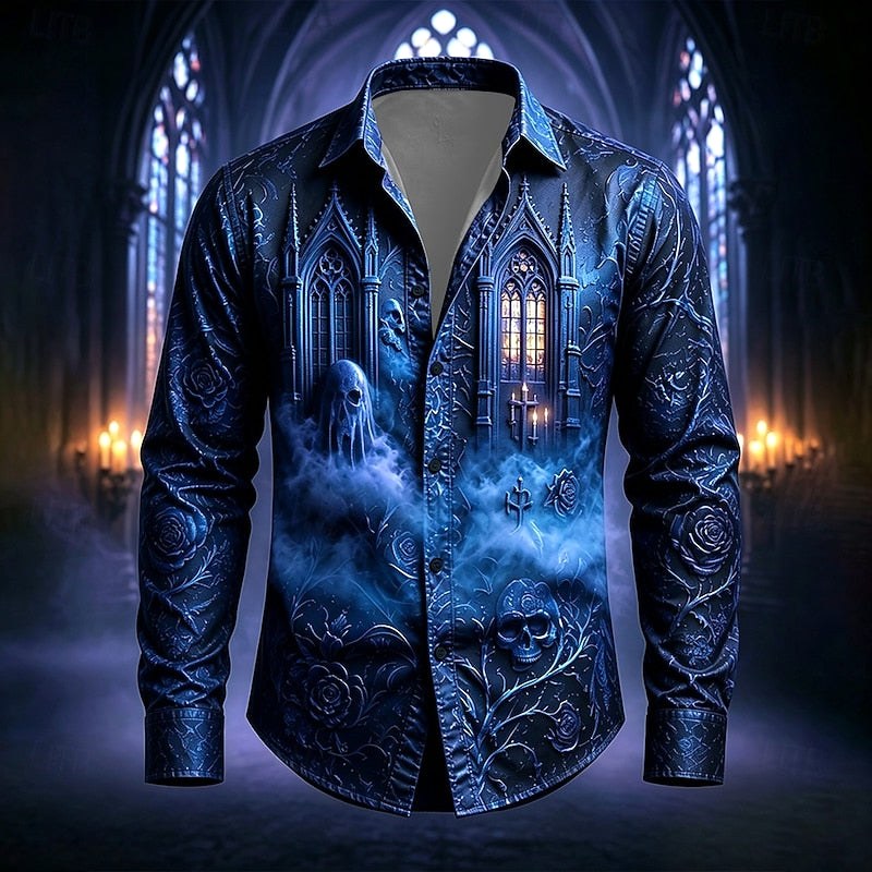 Mason | Men's Gothic Print Button-Up Shirt, Halloween Statement Shirt | Animated Apparel | Dark Blue