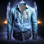 Mason | Men's Gothic Print Button-Up Shirt, Halloween Statement Shirt | Animated Apparel | Blue