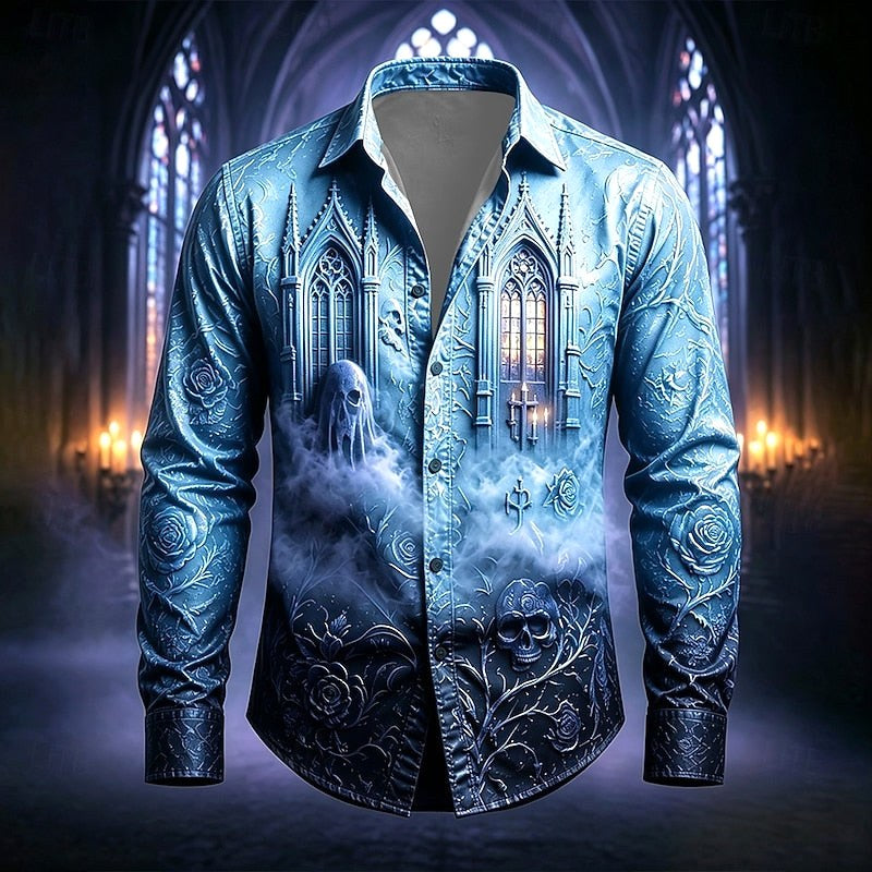 Mason | Men's Gothic Print Button-Up Shirt, Halloween Statement Shirt | Animated Apparel | Blue