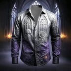 Mason | Men's Gothic Print Button-Up Shirt, Halloween Statement Shirt | Animated Apparel | White / Purple
