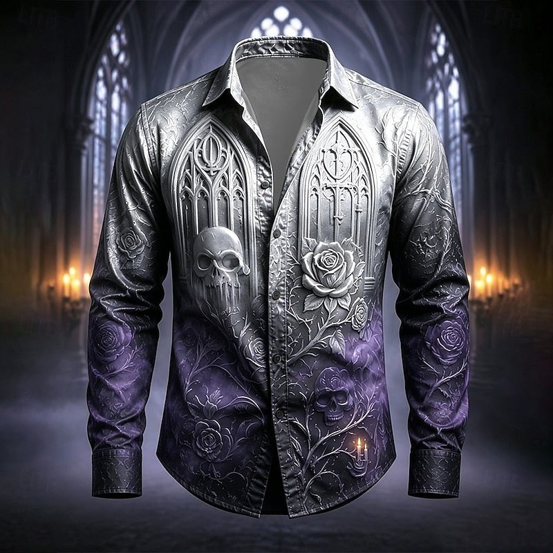 Mason | Men's Gothic Print Button-Up Shirt, Halloween Statement Shirt | Animated Apparel | White / Purple