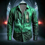 Mason | Men's Gothic Print Button-Up Shirt, Halloween Statement Shirt | Animated Apparel | Green