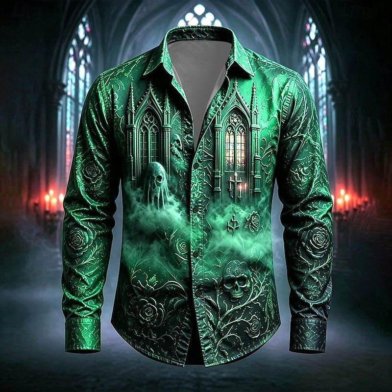 Mason | Men's Gothic Print Button-Up Shirt, Halloween Statement Shirt | Animated Apparel | Green