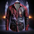 Mason | Men's Gothic Print Button-Up Shirt, Halloween Statement Shirt | Animated Apparel | Red