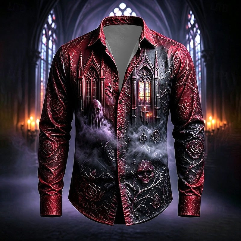 Mason | Men's Gothic Print Button-Up Shirt, Halloween Statement Shirt | Animated Apparel | Red