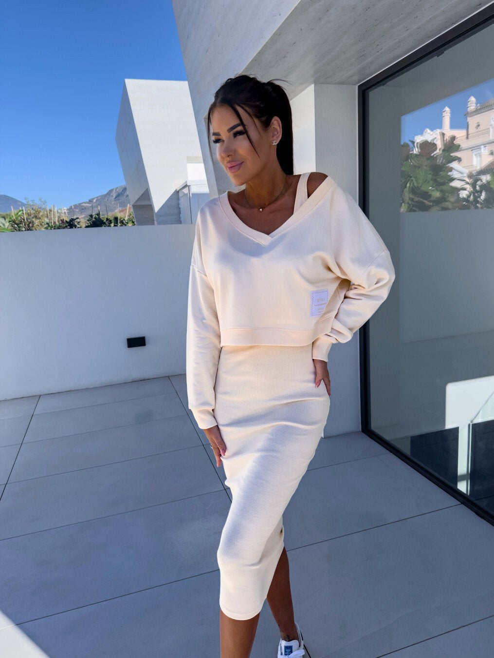 Mathilde | Women's Two-Piece Sweatshirt and Dress Set, Relaxed Layering Set | Animated Apparel | Cream
