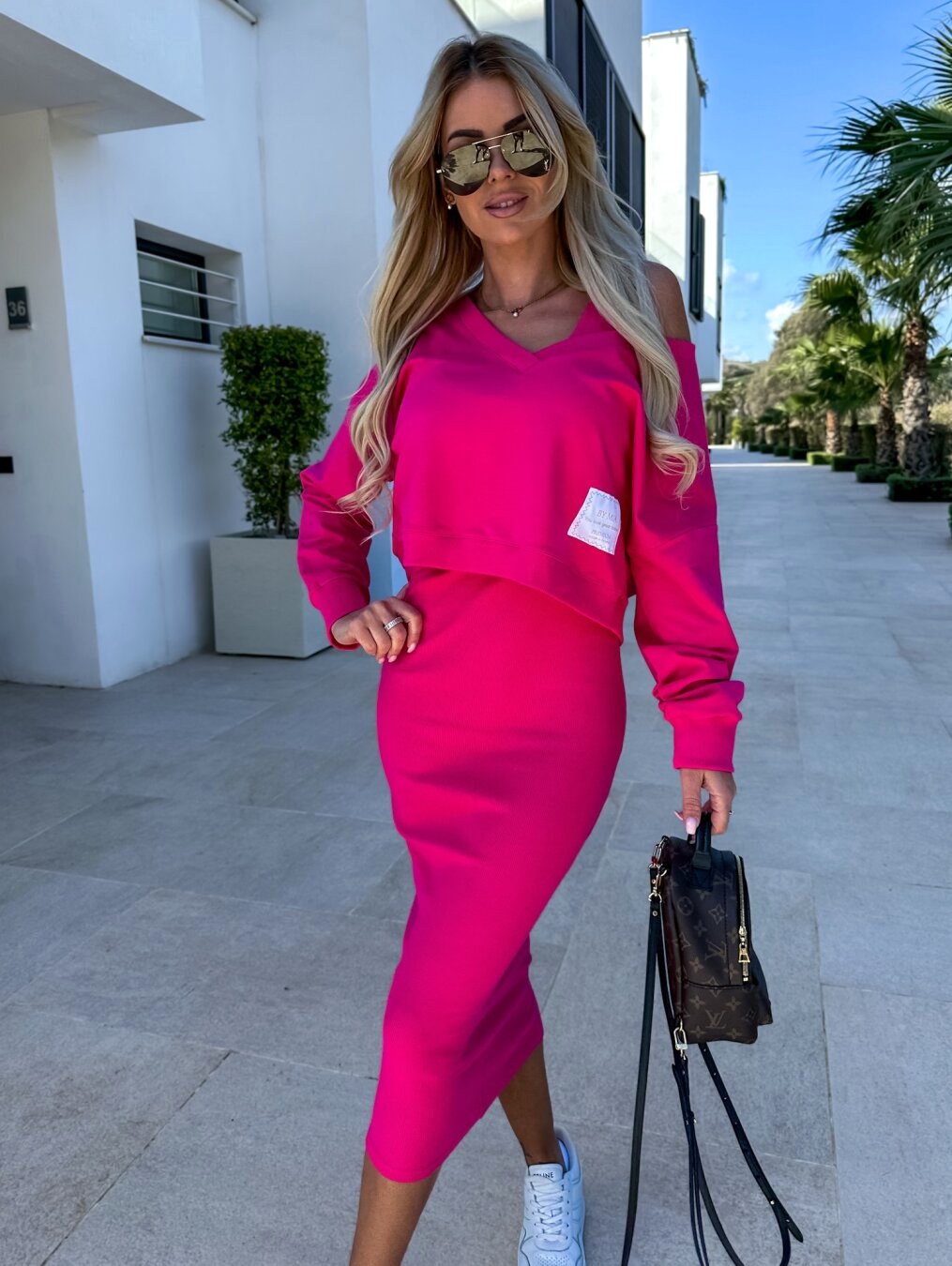 Mathilde | Women's Two-Piece Sweatshirt and Dress Set, Relaxed Layering Set | Animated Apparel | Fuchsia