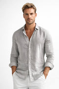 Matthew | Men's Linen Button-Down Shirt, Long Sleeve Relaxed Fit Shirt | Animated Apparel | Grey