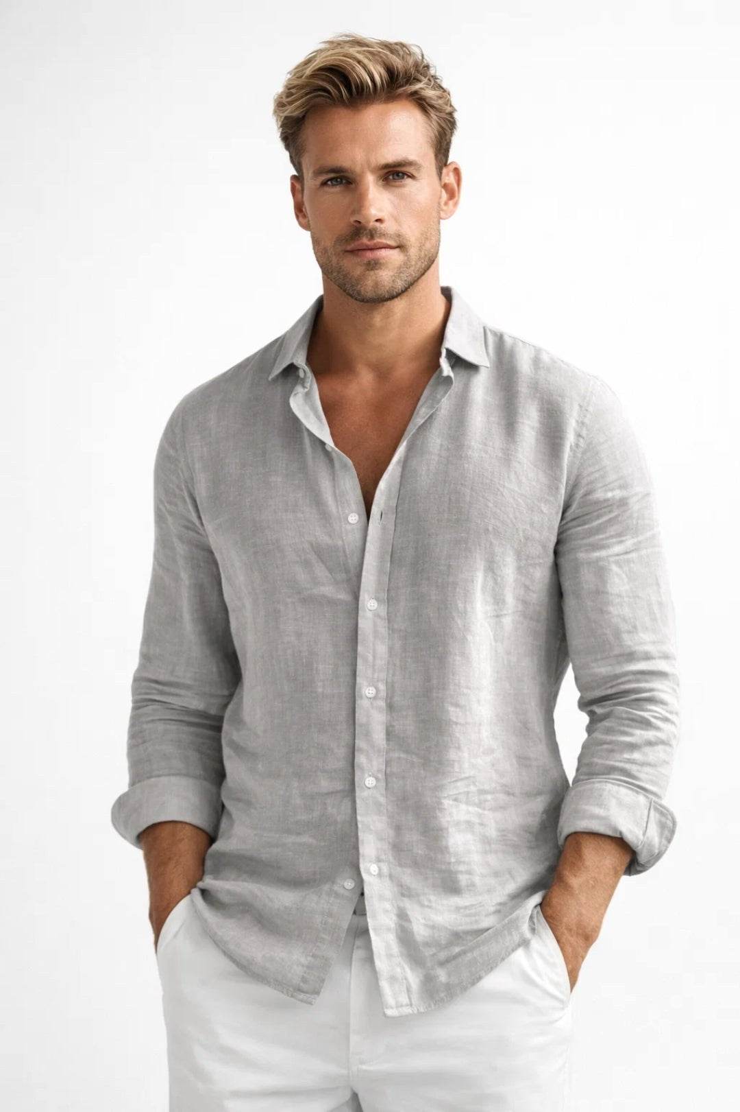 Matthew | Men's Linen Button-Down Shirt, Long Sleeve Relaxed Fit Shirt | Animated Apparel | Grey