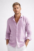 Matthew | Men's Linen Button-Down Shirt, Long Sleeve Relaxed Fit Shirt | Animated Apparel | Pink