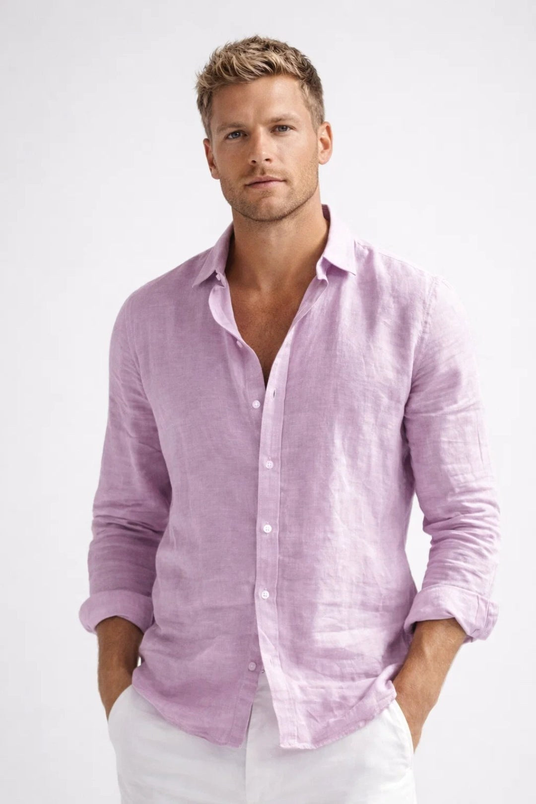 Matthew | Men's Linen Button-Down Shirt, Long Sleeve Relaxed Fit Shirt | Animated Apparel | Pink