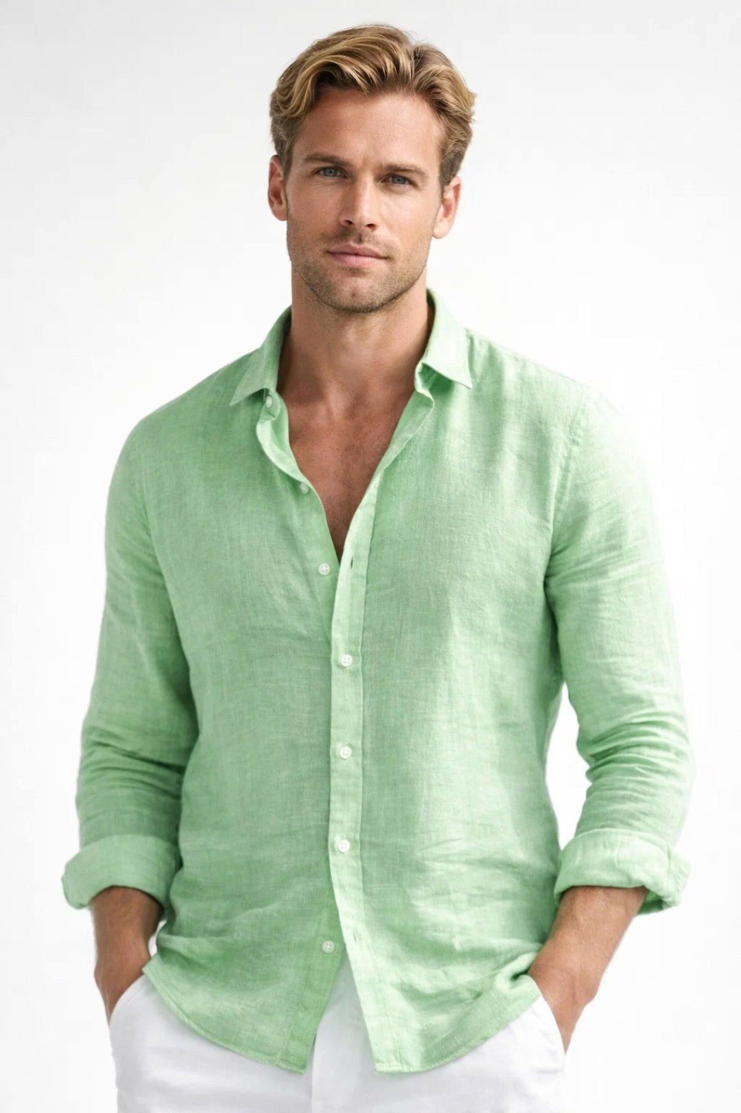 Matthew | Men's Linen Button-Down Shirt, Long Sleeve Relaxed Fit Shirt | Animated Apparel | Green