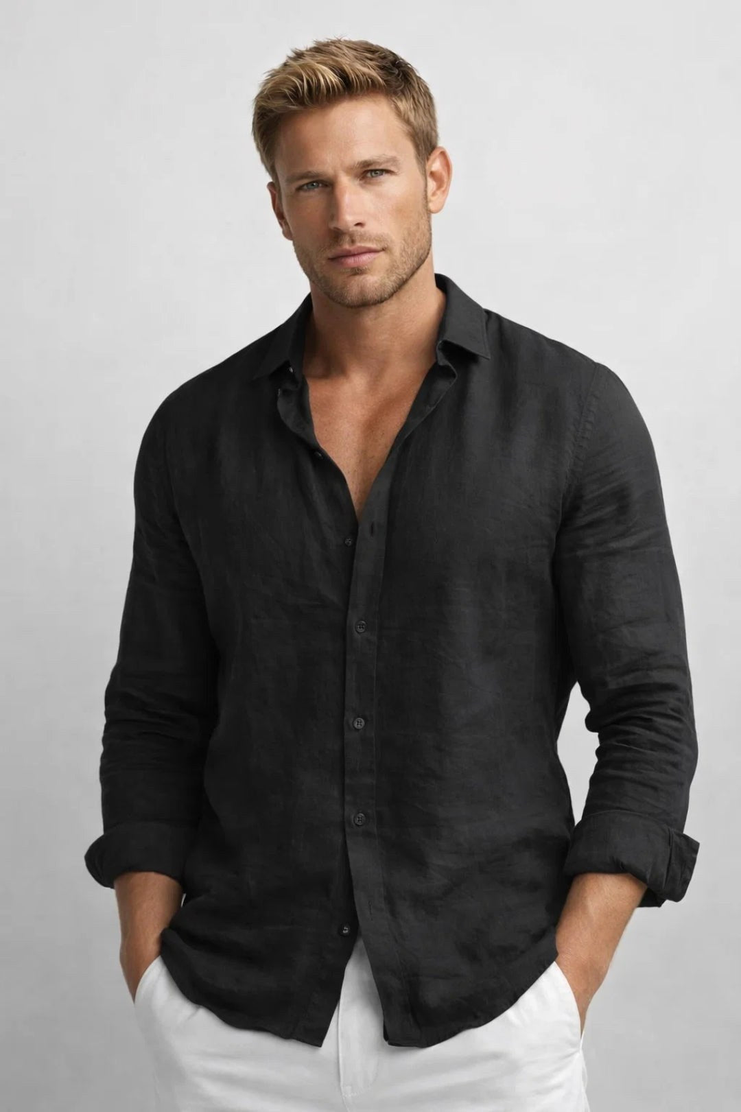 Matthew | Men's Linen Button-Down Shirt, Long Sleeve Relaxed Fit Shirt | Animated Apparel | Black