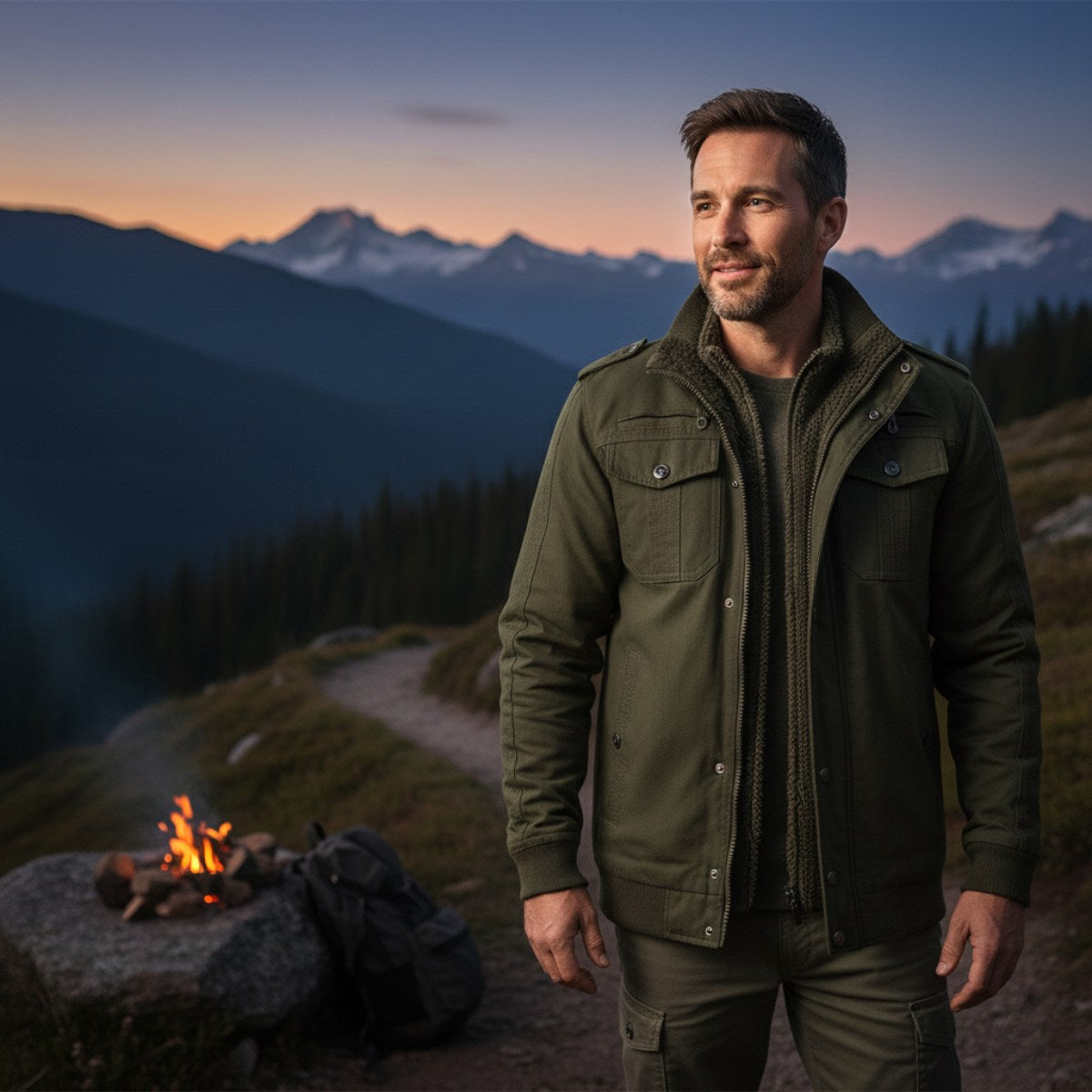 Maxwell | Men's Fleece-Lined Zip-Up Jacket, Military-Style Autumn Coat | Animated Apparel