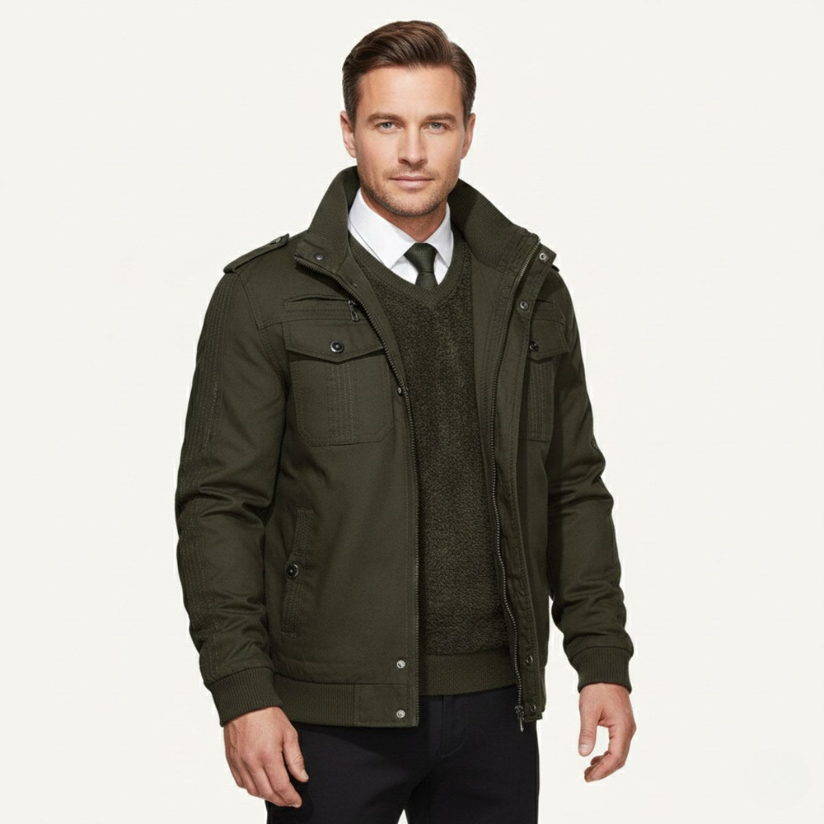 Maxwell | Men's Fleece-Lined Zip-Up Jacket, Military-Style Autumn Coat | Animated Apparel