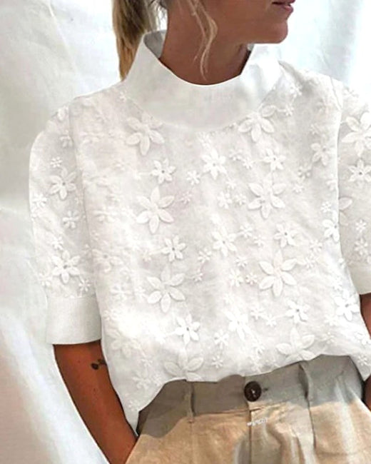 Megan | Women's Floral Stand-Up Collar Blouse - White