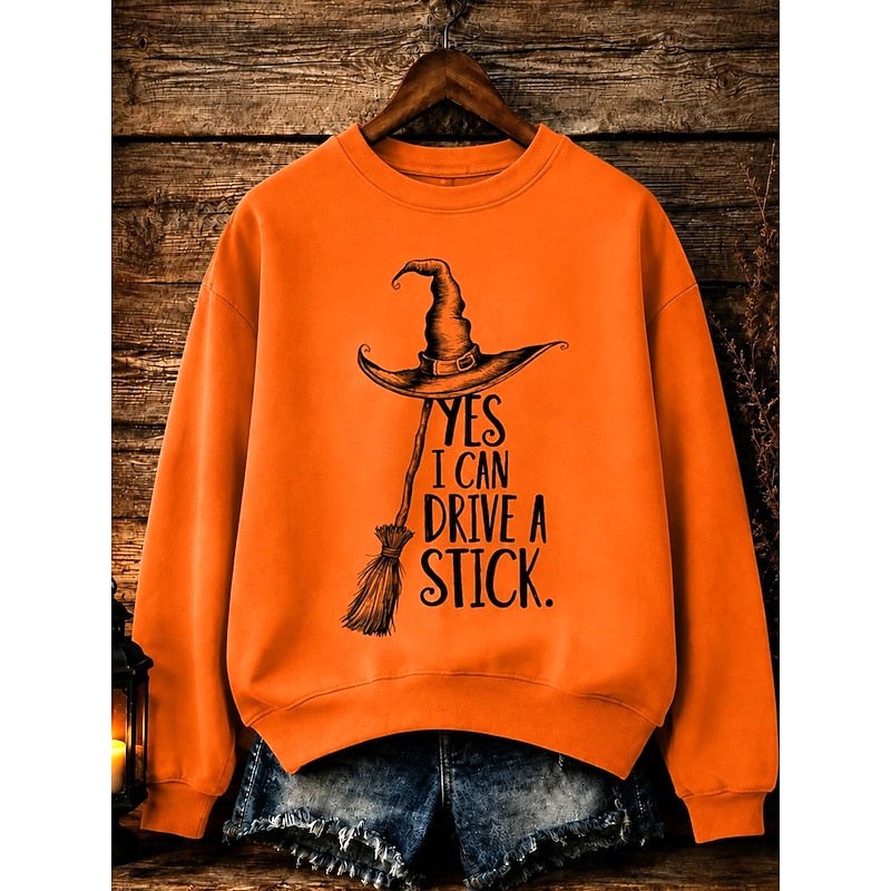 Megan | Women's Halloween Witch Graphic Sweatshirt, Relaxed Crew Neck Sweater | Animated Apparel | Orange