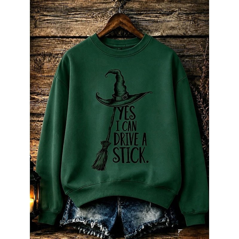 Megan | Women's Halloween Witch Graphic Sweatshirt, Relaxed Crew Neck Sweater | Animated Apparel | Beige