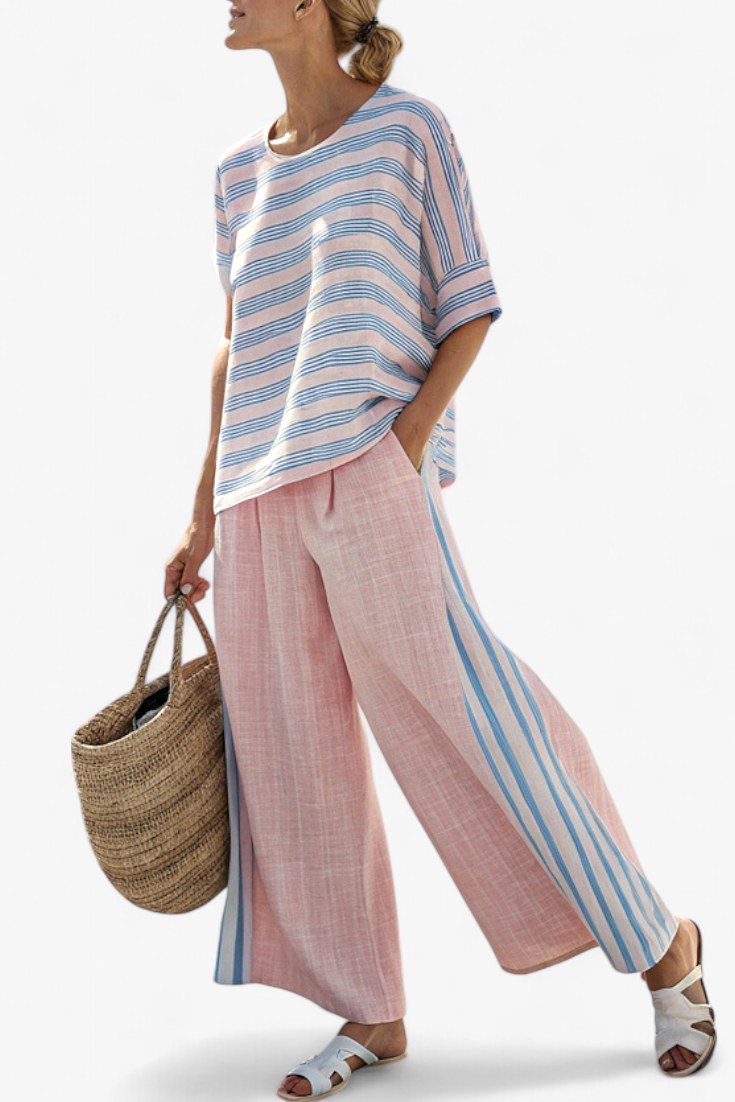 Melanie | Women's Elegant Pastel Linen Two-Piece Set - Multi Colored Stripes