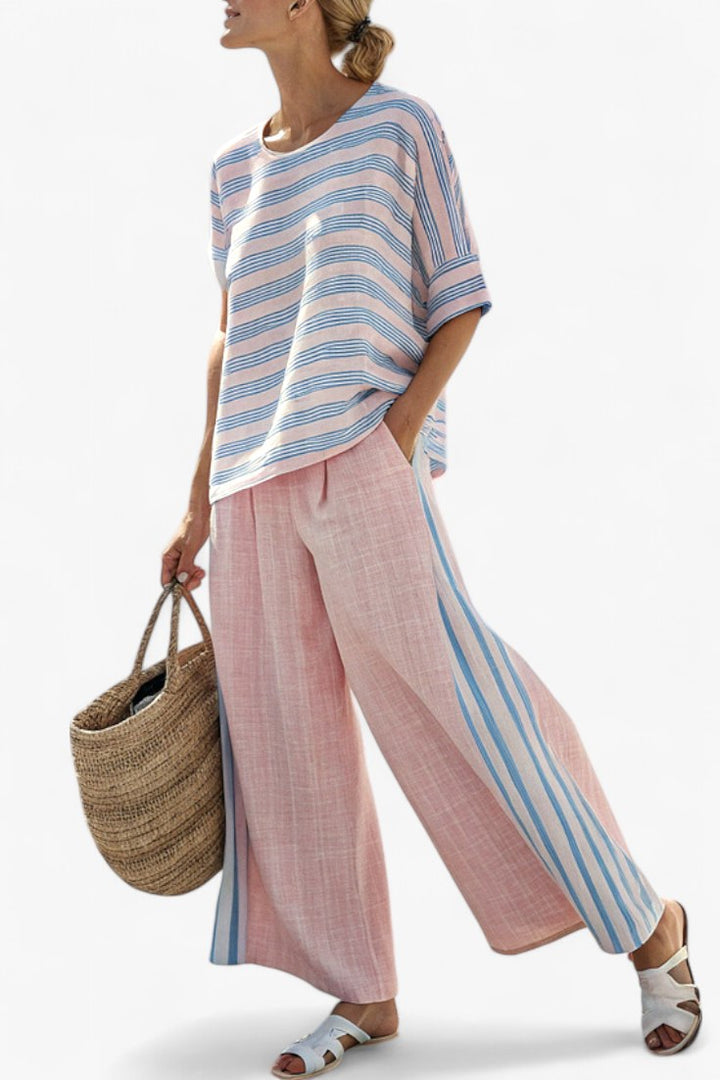 Melanie | Women's Elegant Pastel Linen Two-Piece Set - Multi Colored Stripes
