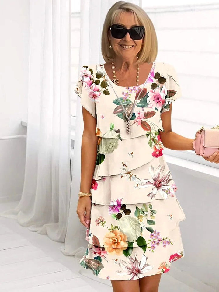 Mia | Women's Chic Ruffled Floral Pleated Dress - Beige