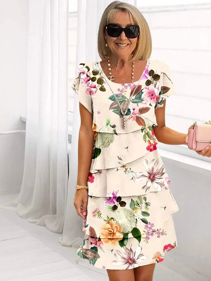 Mia | Women's Ruffled Floral Pleated Dress - Beige