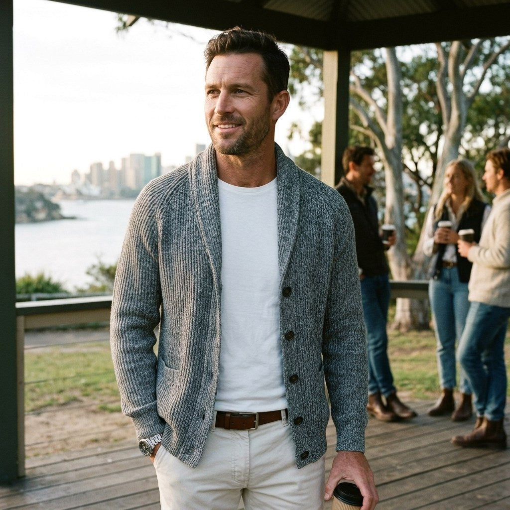 Michael | Men's Shawl Collar Cardigan with Button Front, Ribbed Knit Long Sleeve Cardigan | Animated Apparel