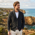 Michael | Men's Shawl Collar Cardigan with Button Front, Ribbed Knit Long Sleeve Cardigan | Animated Apparel | Khaki
