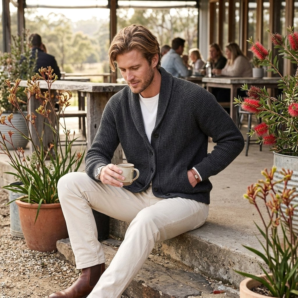 Michael | Men's Shawl Collar Cardigan with Button Front, Ribbed Knit Long Sleeve Cardigan | Animated Apparel | Grey