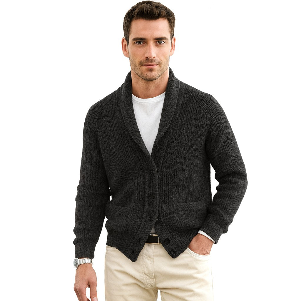 Michael | Men's Shawl Collar Cardigan with Button Front, Ribbed Knit Long Sleeve Cardigan | Animated Apparel