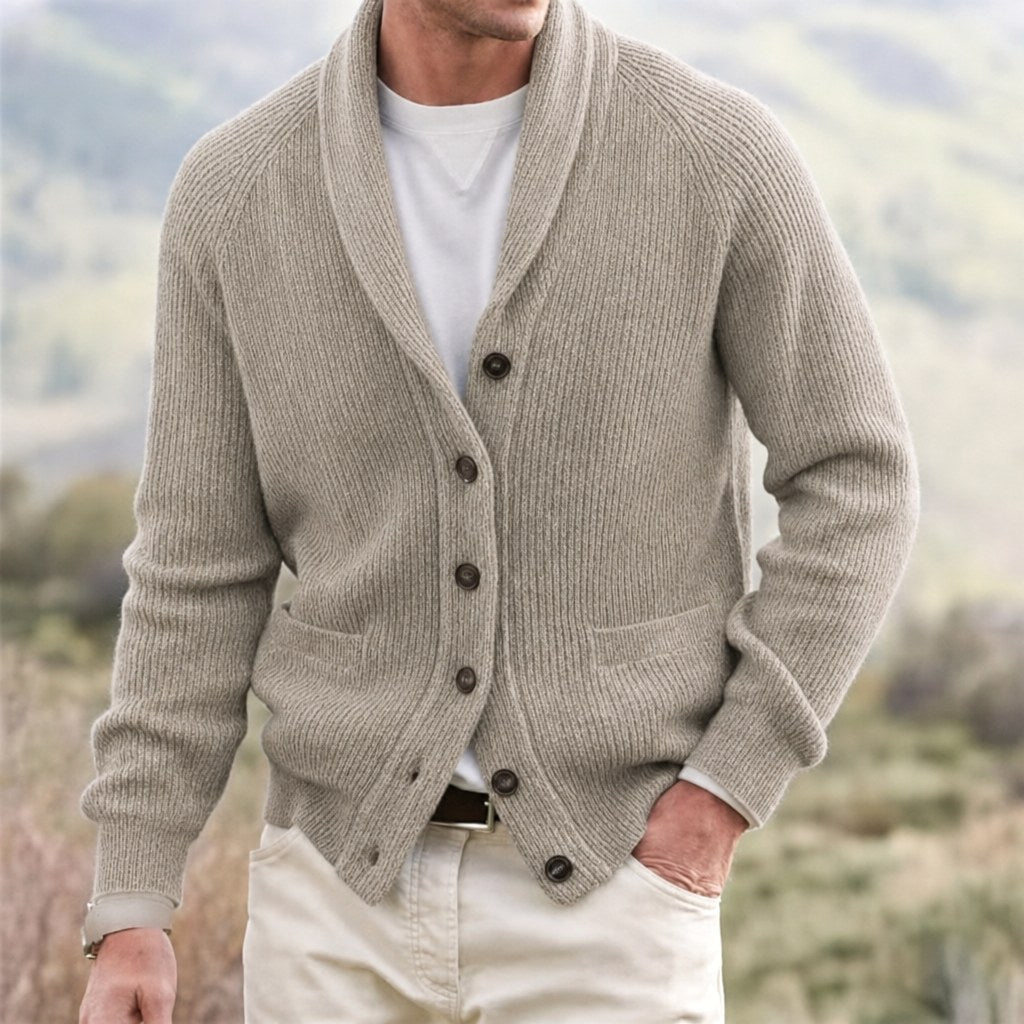 Michael | Men's Shawl Collar Cardigan with Button Front, Ribbed Knit Long Sleeve Cardigan | Animated Apparel