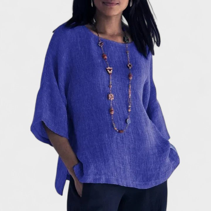 Mila | Women's Cotton-Linen Short Sleeve Blouse - Blue